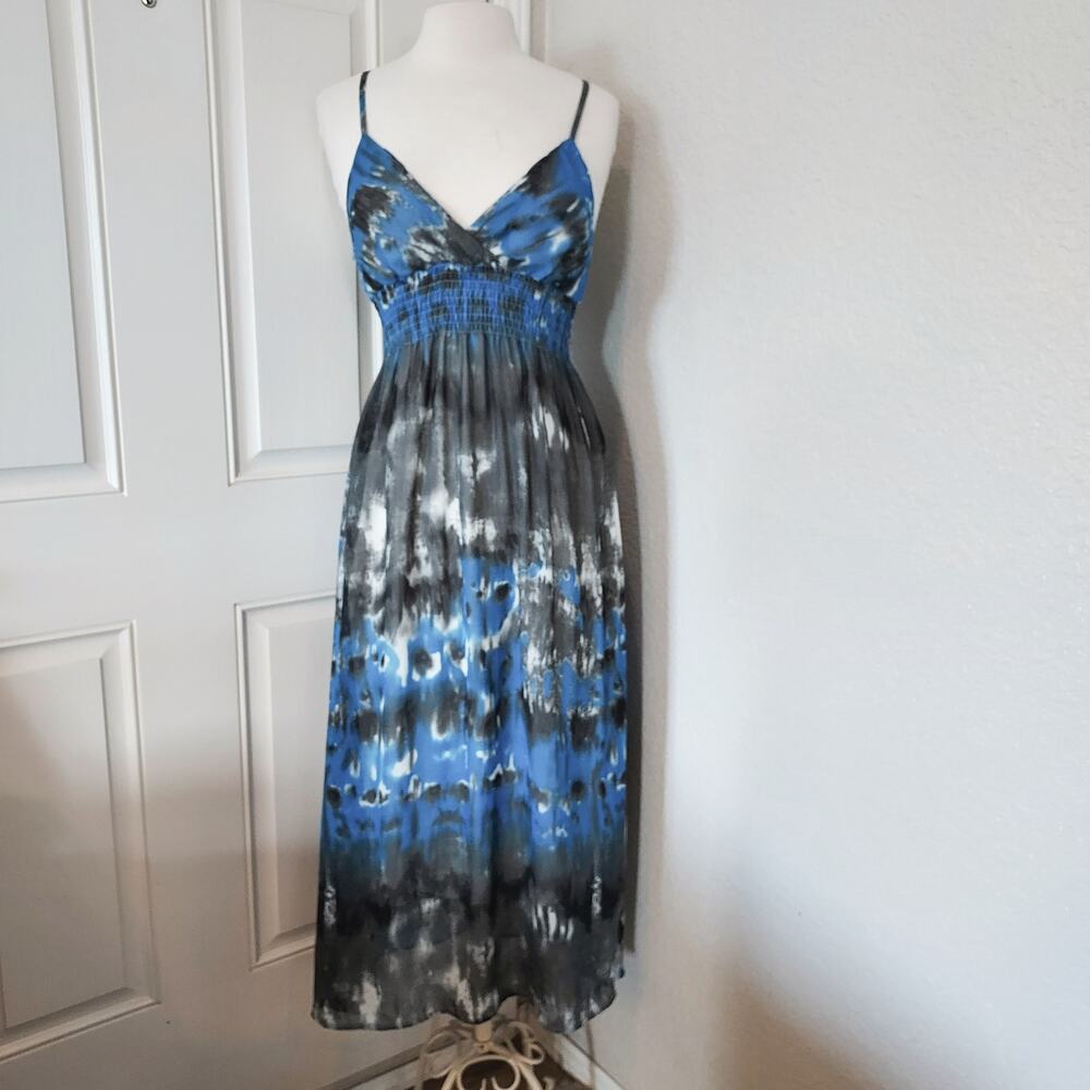 She's Cool Blue & Gray Tie Dye V-Neck Spaghetti Strap Maxi Dress Size L